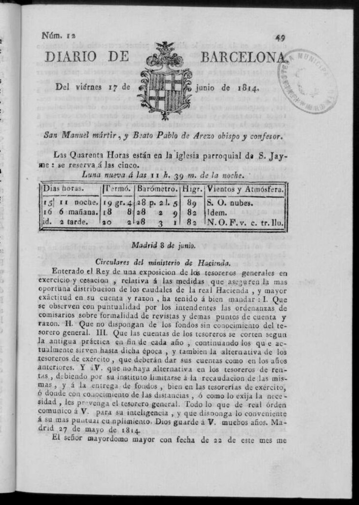 Miniatura de Diario de Barcelona del viernes 17 de junio de 1814