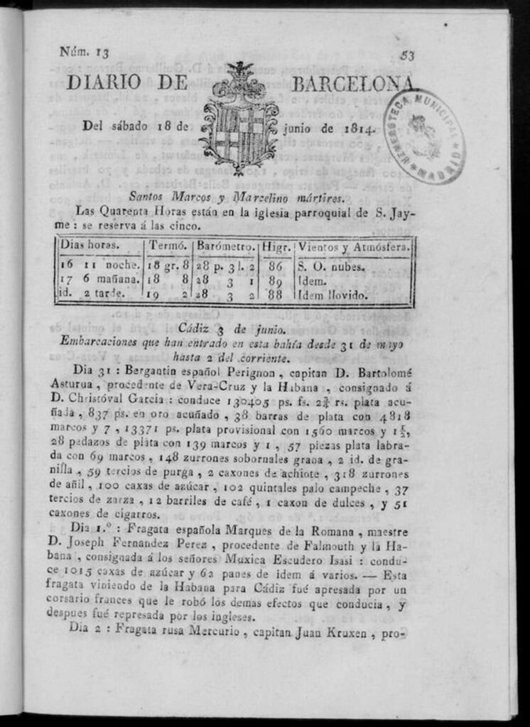 Miniatura de Diario de Barcelona del sábado 18 de junio de 1814