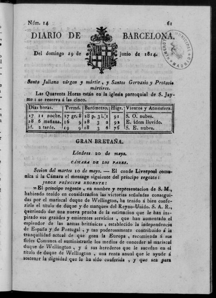Miniatura de Diario de Barcelona del domingo 19 de junio de 1814