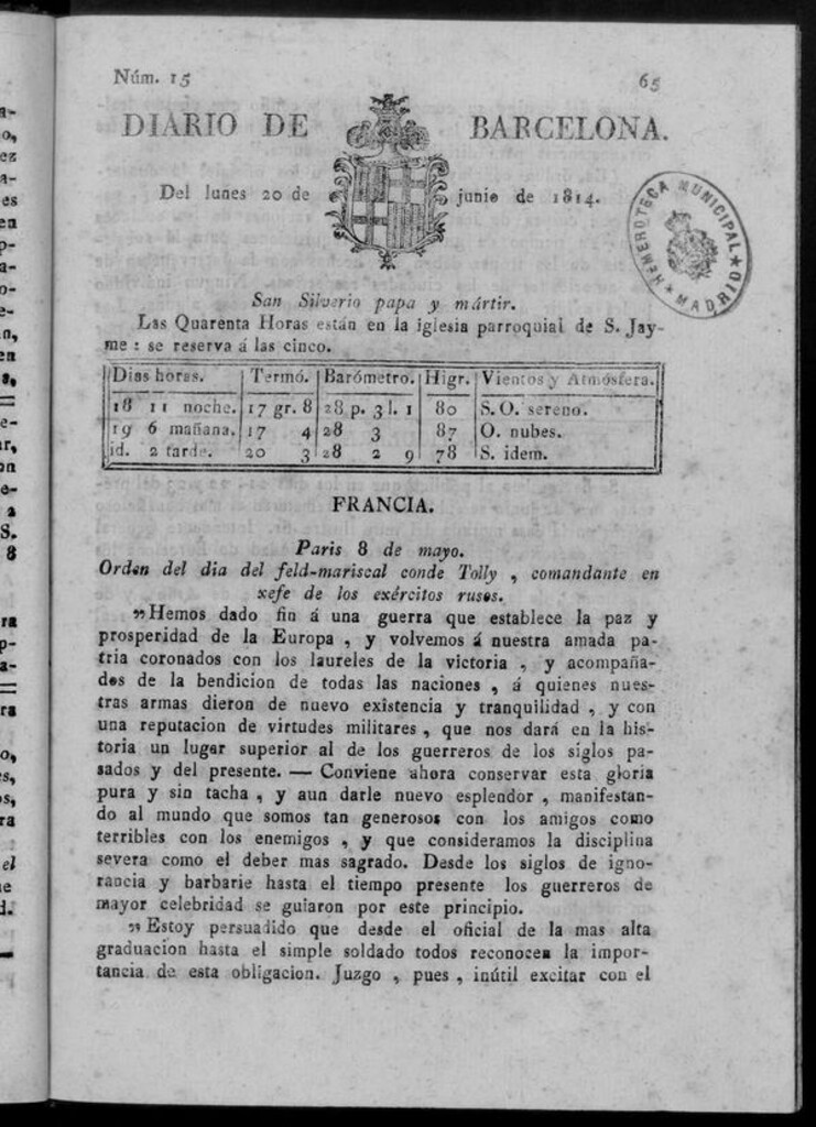 Miniatura de Diario de Barcelona del lunes 20 de junio de 1814
