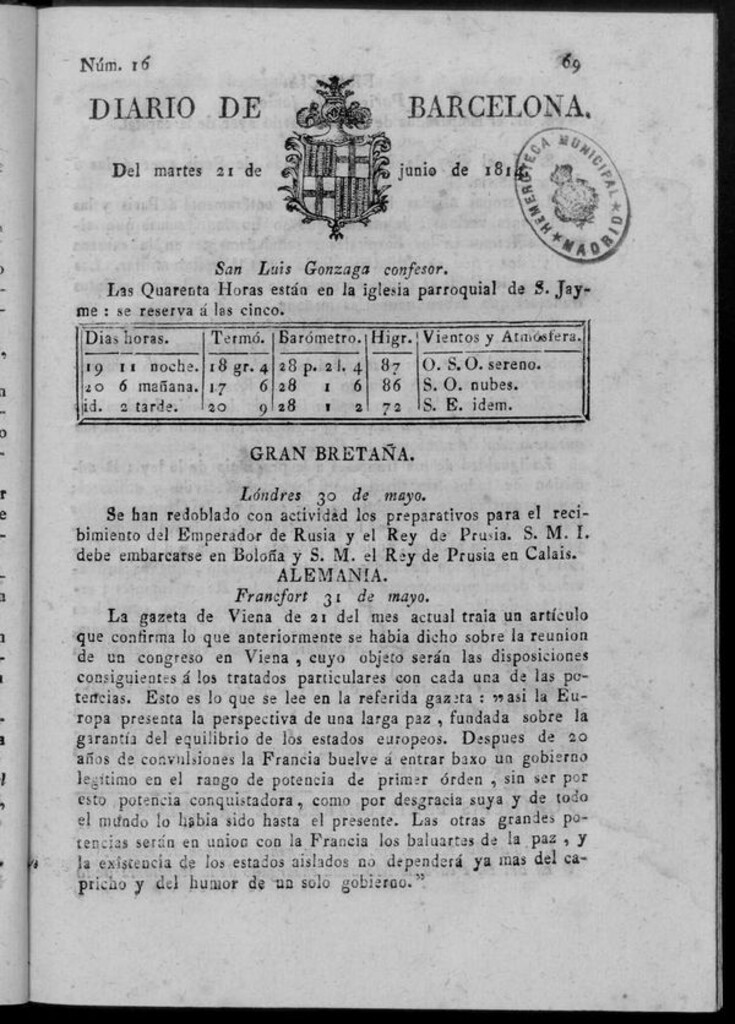 Miniatura de Diario de Barcelona del martes 21 de junio de 1814