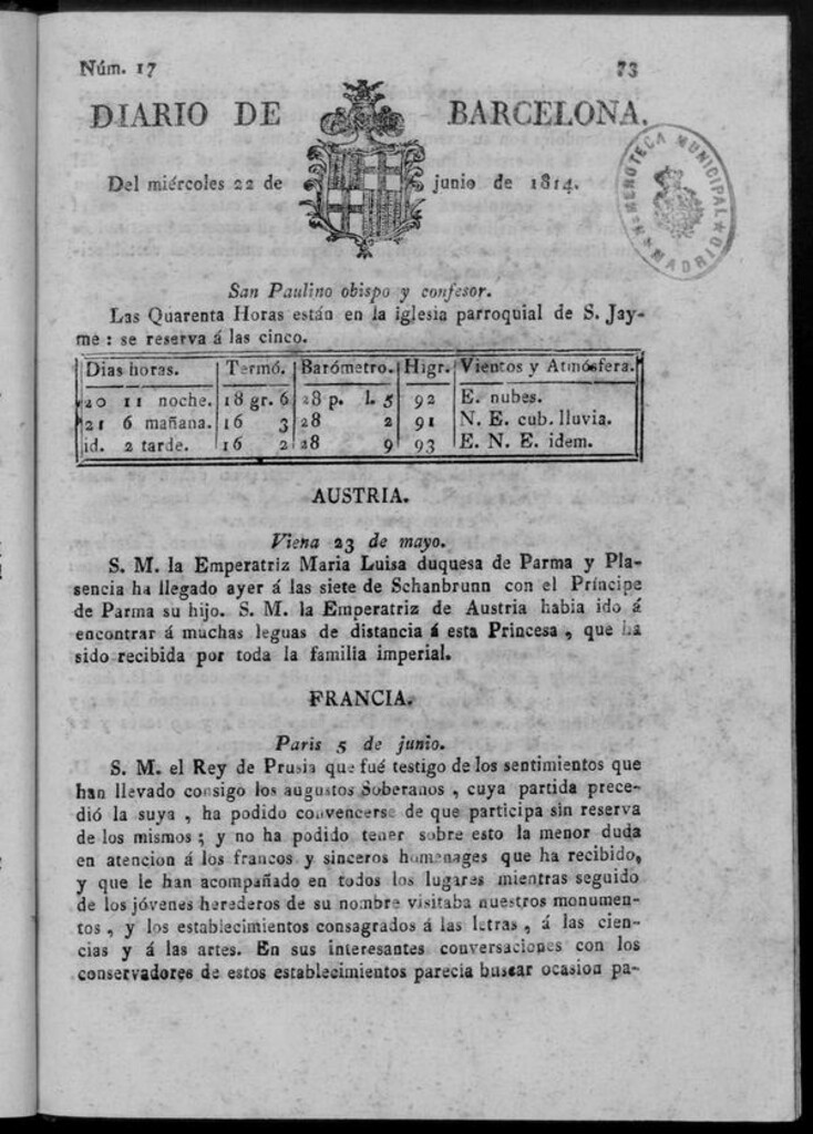 Miniatura de Diario de Barcelona del miércoles 22 de junio de 1814