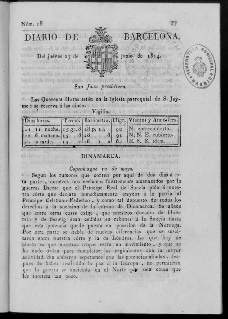 Miniatura de Diario de Barcelona del jueves 23 de junio de 1814