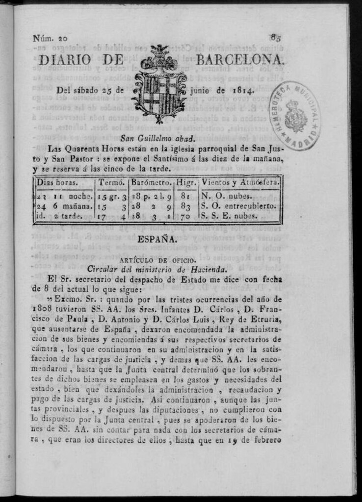 Miniatura de Diario de Barcelona del sábado 25 de junio de 1814