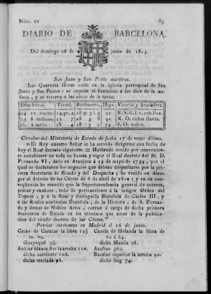 Miniatura de Diario de Barcelona del domingo 26 de junio de 1814