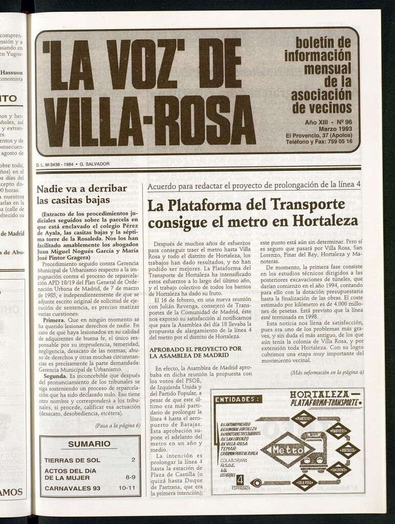 Miniatura de La Voz de Villa-Rosa: boletín informativo mensual de la asociación de vecinos, nº 96 de marzo de 1993