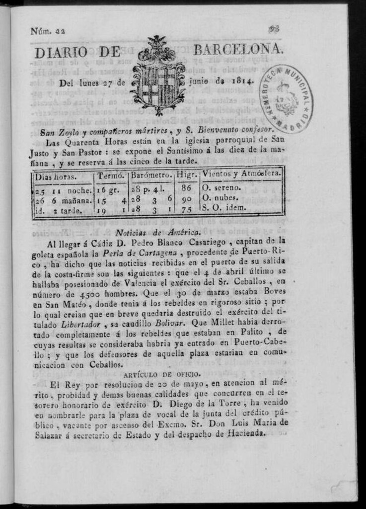 Miniatura de Diario de Barcelona del lunes 27 de junio de 1814