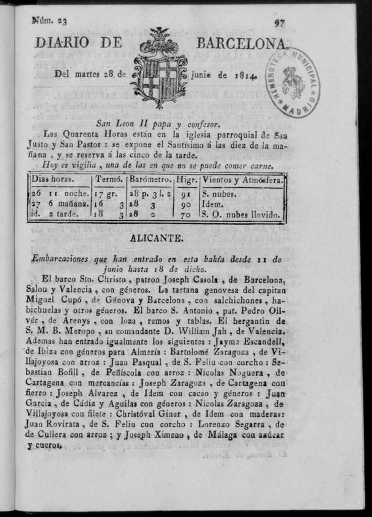Miniatura de Diario de Barcelona del martes 28 de junio de 1814