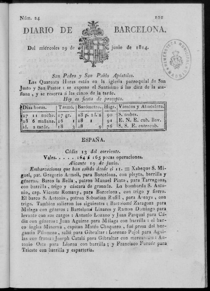 Miniatura de Diario de Barcelona del miércoles 29 de junio de 1814
