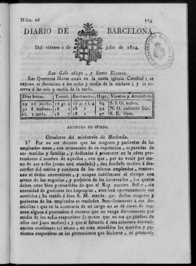 Miniatura de Diario de Barcelona del viernes 1 de julio de 1814