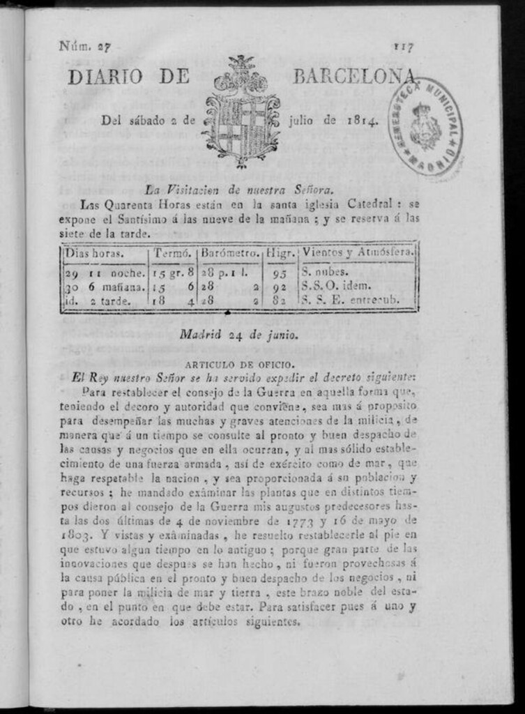 Miniatura de Diario de Barcelona del sábado 2 de julio de 1814
