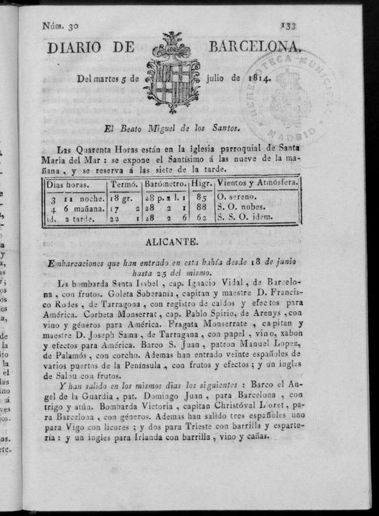 Miniatura de Diario de Barcelona del martes 5 de julio de 1814