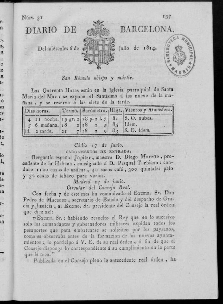 Miniatura de Diario de Barcelona del miércoles 6 de julio de 1814