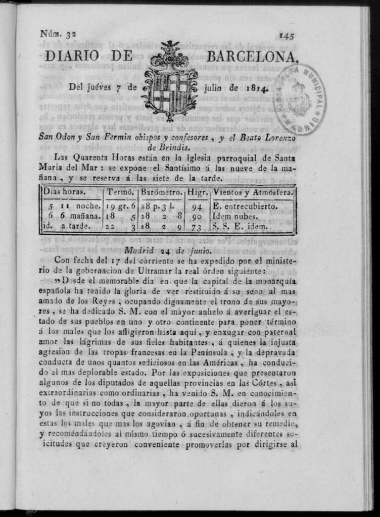 Miniatura de Diario de Barcelona del jueves 7 de julio de 1814