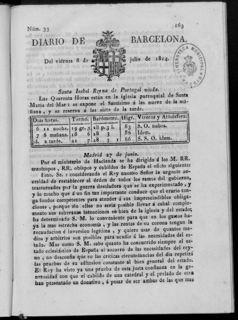 Miniatura de Diario de Barcelona del viernes 8 de julio de 1814