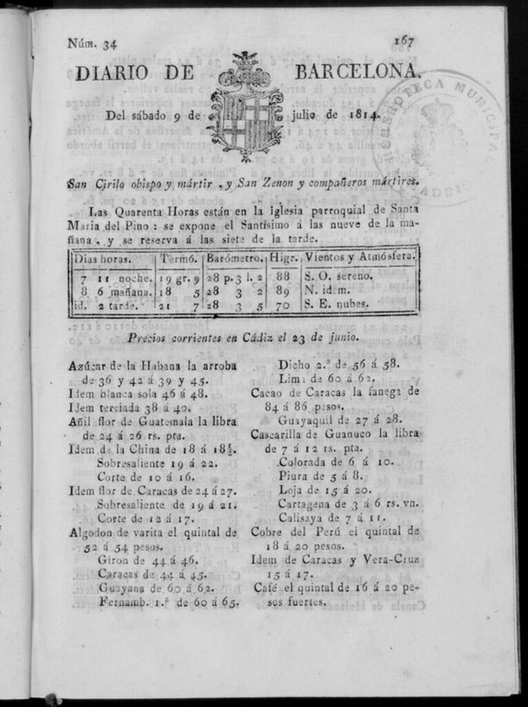 Miniatura de Diario de Barcelona del sábado 9 de julio de 1814