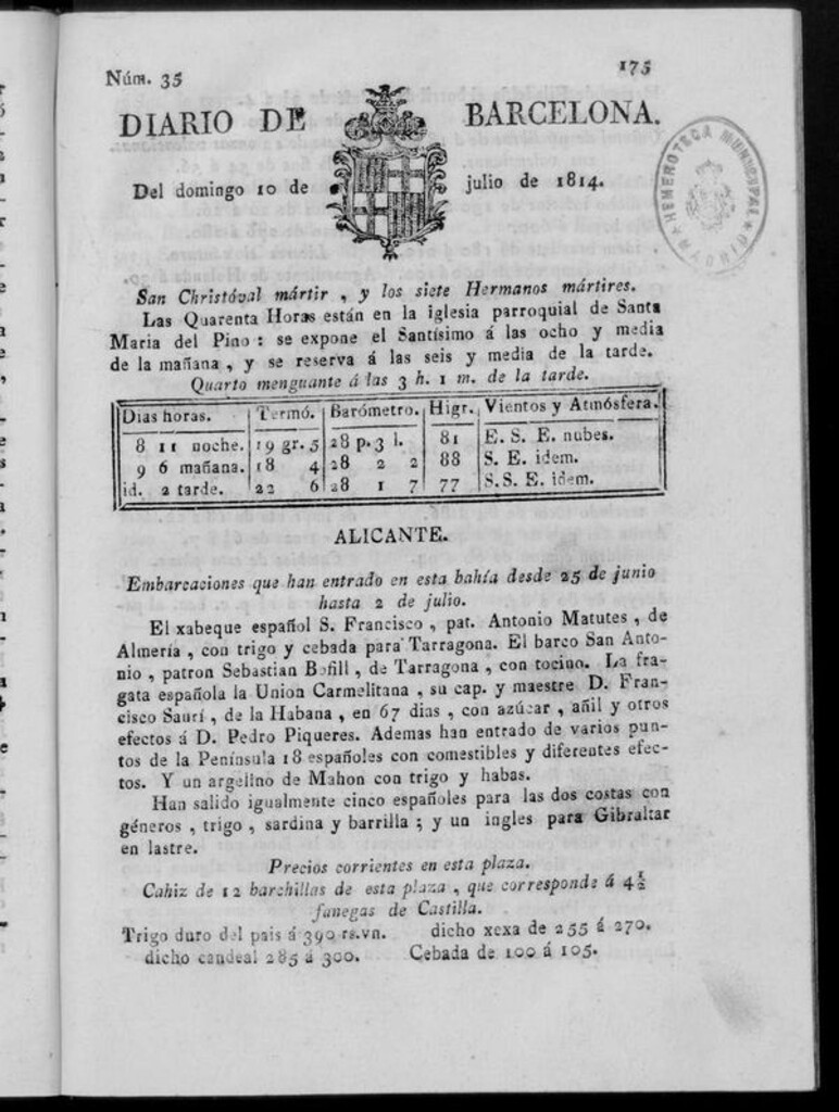 Miniatura de Diario de Barcelona del domingo 10 de julio de 1814