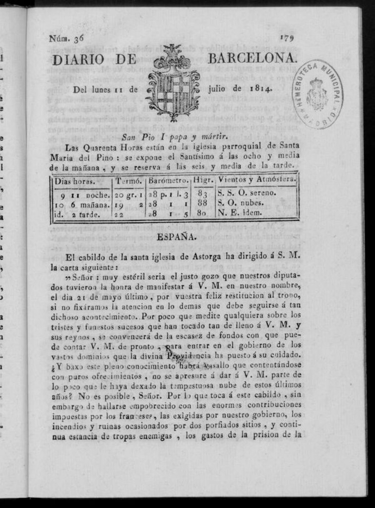 Miniatura de Diario de Barcelona del lunes 11 de julio de 1814