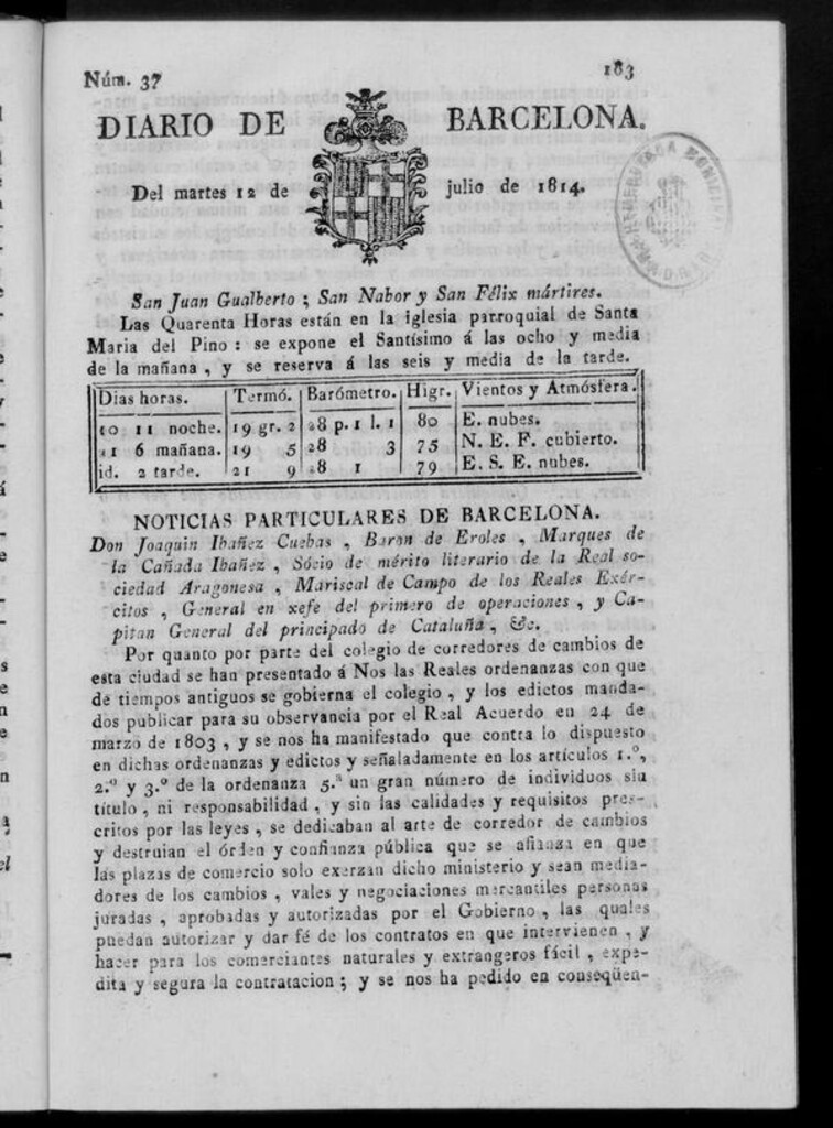 Miniatura de Diario de Barcelona del martes 12 de julio de 1814