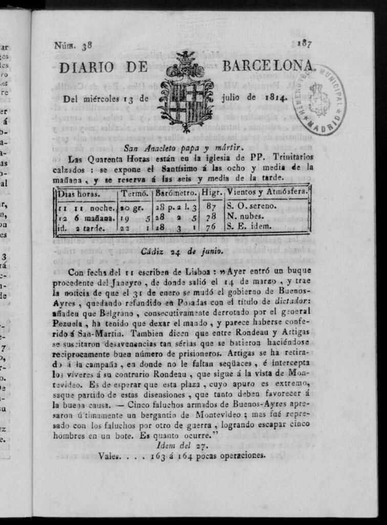Miniatura de Diario de Barcelona del miércoles 13 de julio de 1814