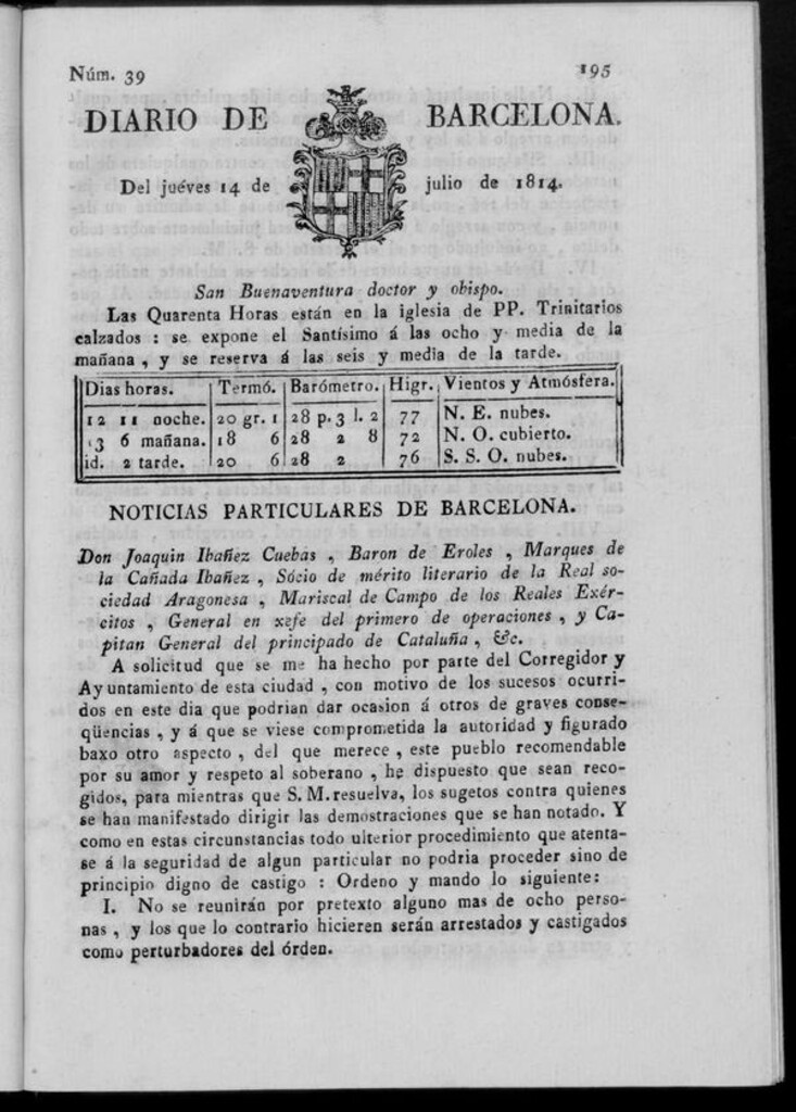 Miniatura de Diario de Barcelona del jueves 14 de julio de 1814