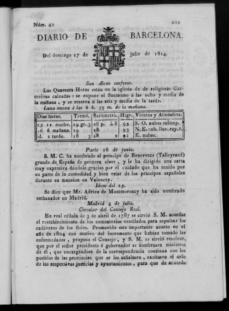 Miniatura de Diario de Barcelona del domingo 17 de julio de 1814