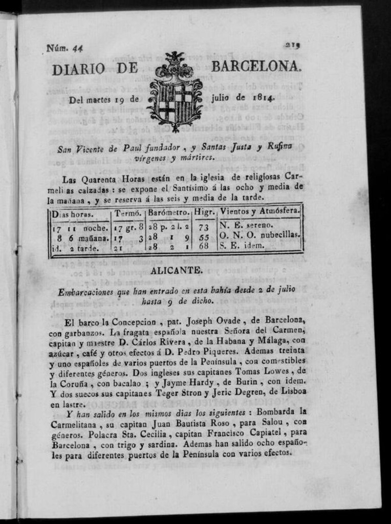 Miniatura de Diario de Barcelona del martes 19 de julio de 1814