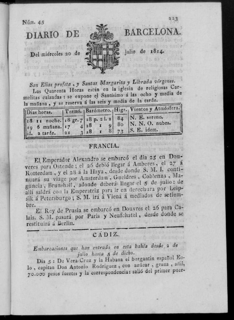 Miniatura de Diario de Barcelona del miércoles 20 de julio de 1814