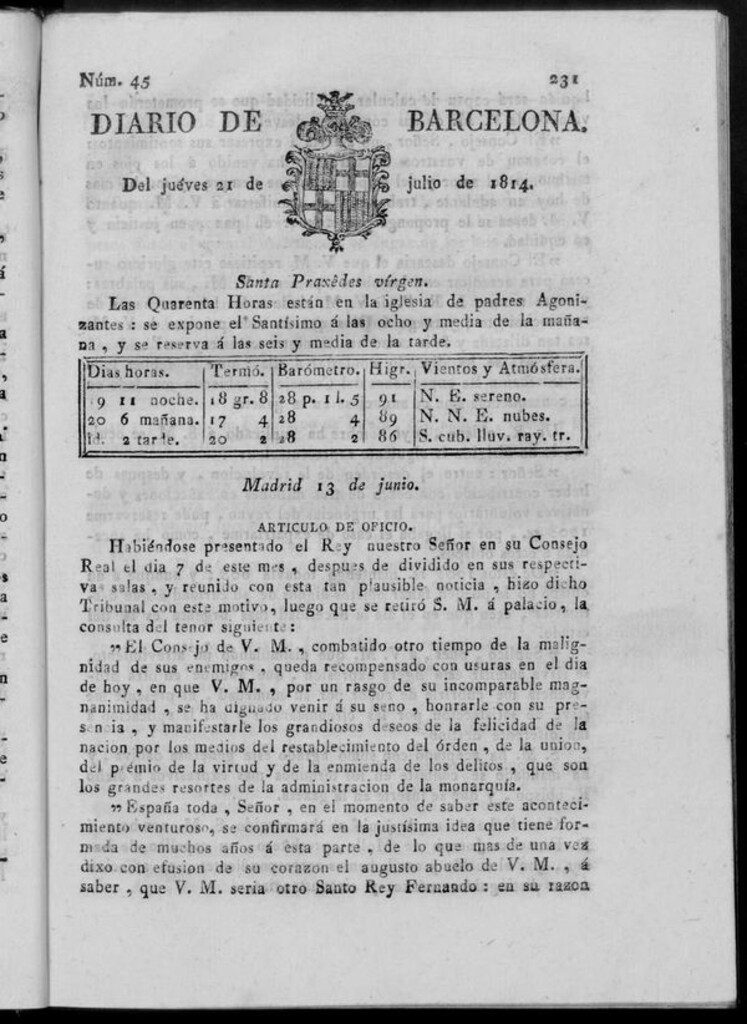 Miniatura de Diario de Barcelona del jueves 21 de julio de 1814