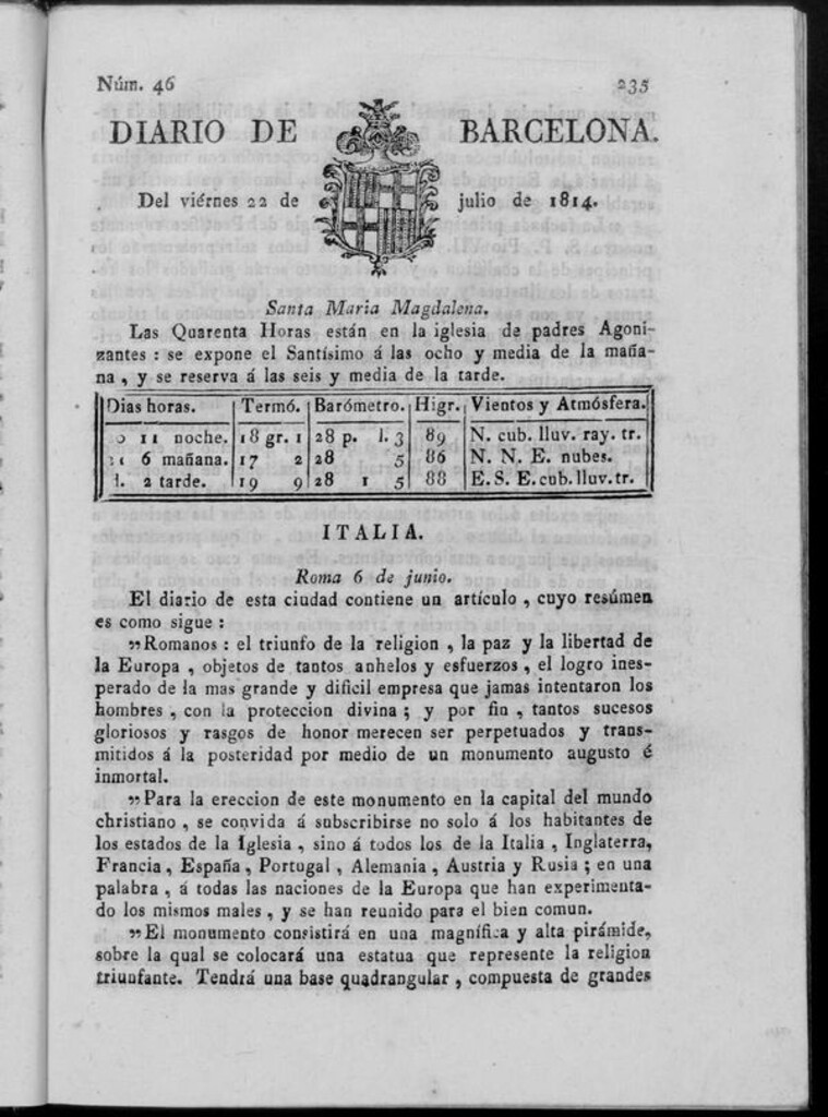Miniatura de Diario de Barcelona del viernes 22 de julio de 1814