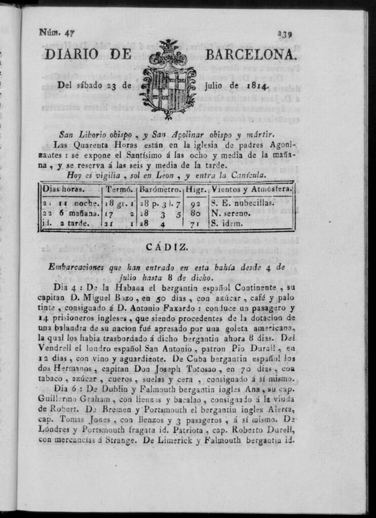 Miniatura de Diario de Barcelona del sábado 23 de julio de 1814
