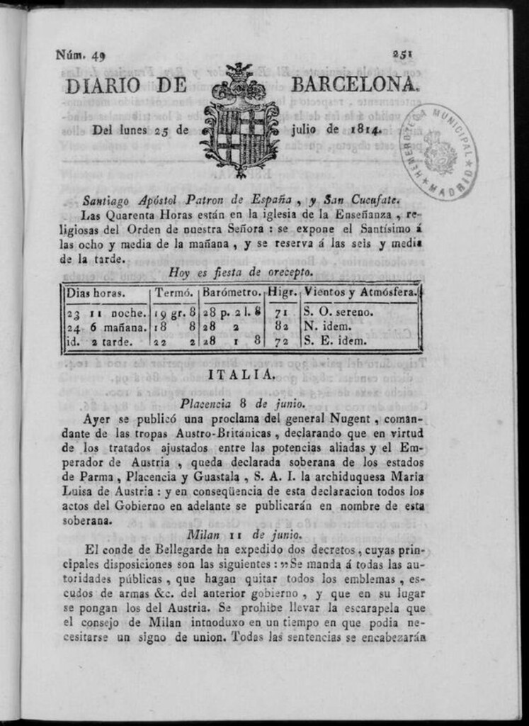 Miniatura de Diario de Barcelona del lunes 25 de julio de 1814