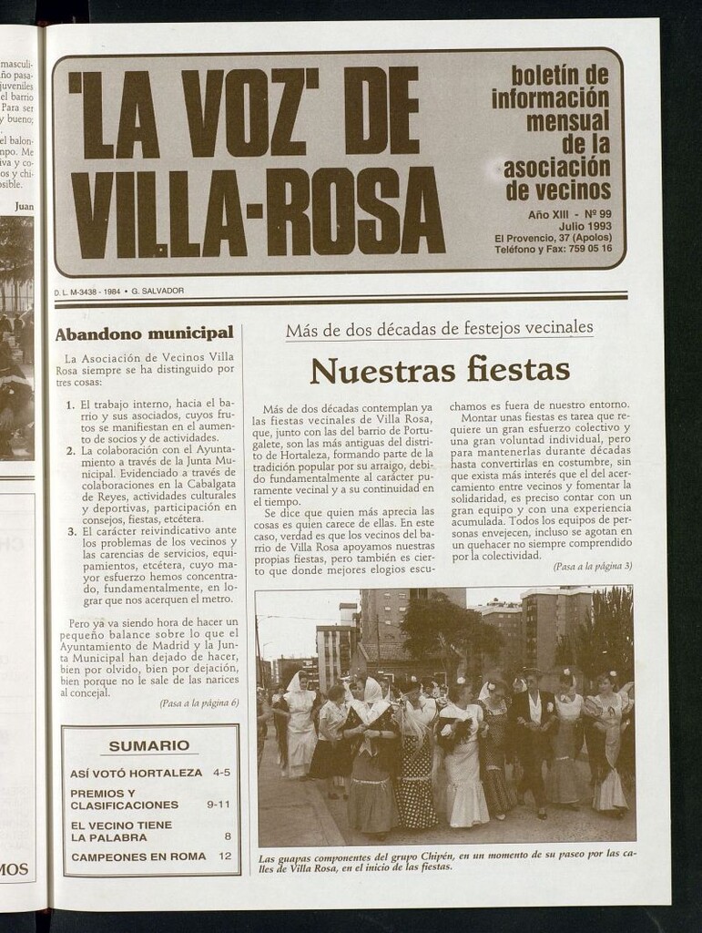 Miniatura de La Voz de Villa-Rosa: boletín informativo mensual de la asociación de vecinos, nº 99 de julio de 1993