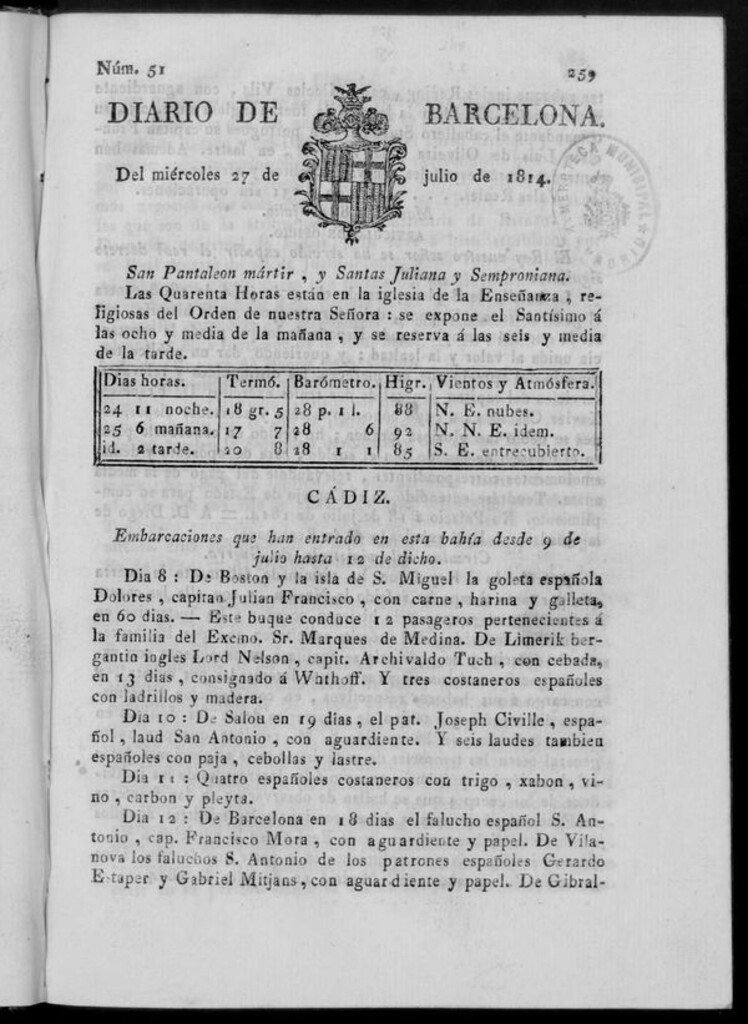 Miniatura de Diario de Barcelona del miércoles 27 de julio de 1814