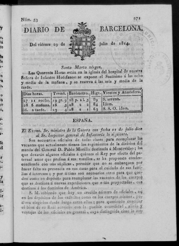 Miniatura de Diario de Barcelona del viernes 29 de julio de 1814