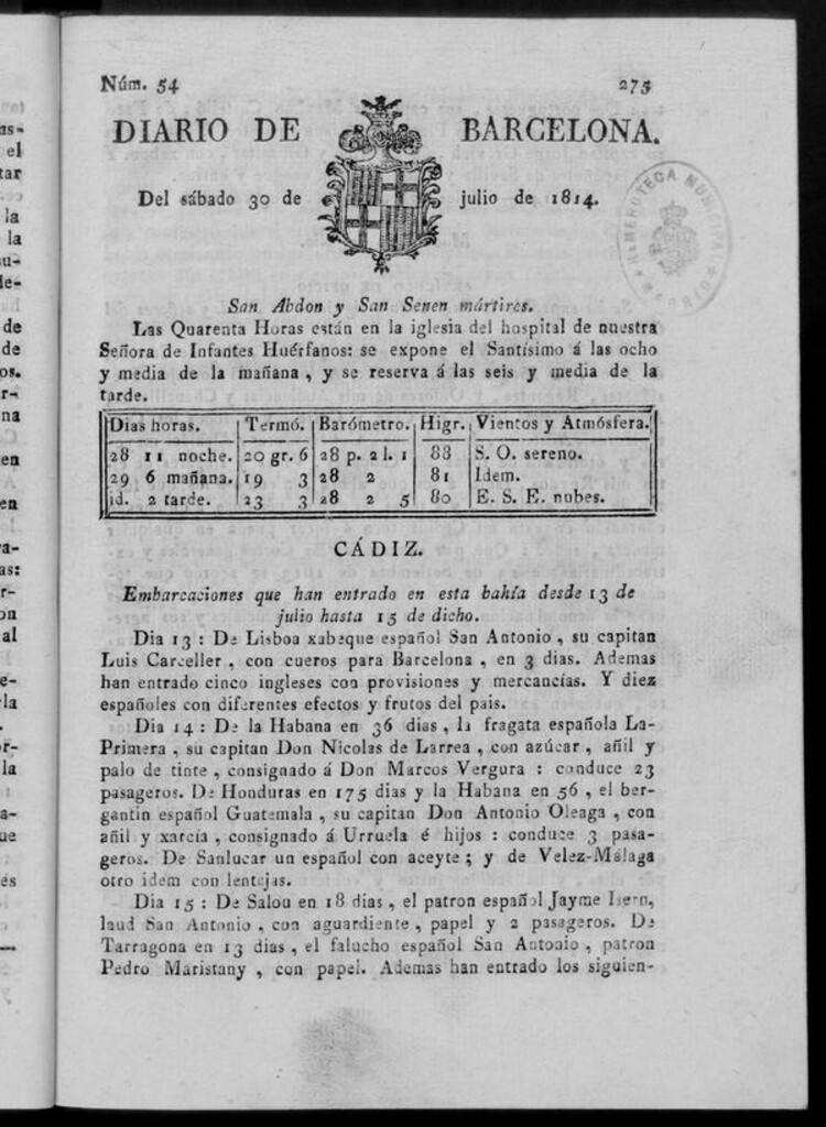Miniatura de Diario de Barcelona del sábado 30 de julio de 1814