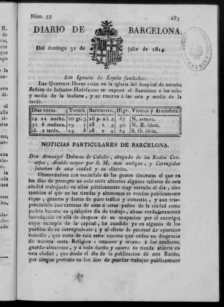 Miniatura de Diario de Barcelona del domingo 31 de julio de 1814