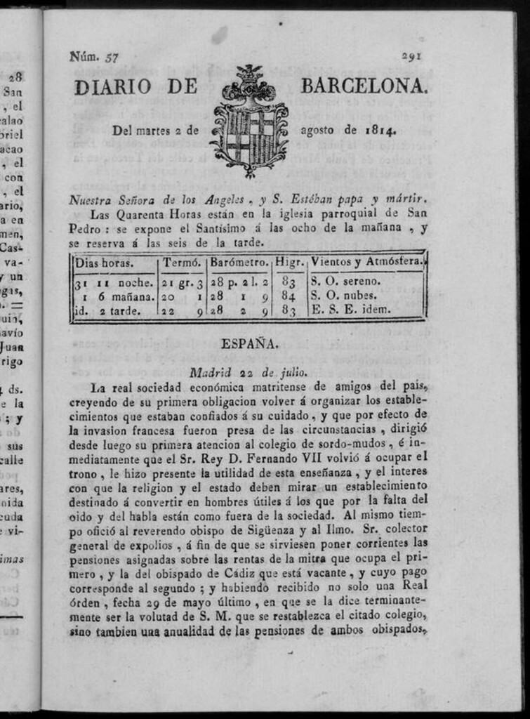 Miniatura de Diario de Barcelona del martes 2 de agosto de 1814