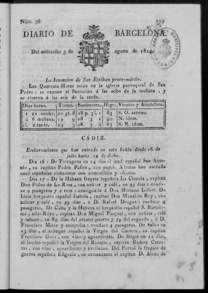 Miniatura de Diario de Barcelona del miércoles 3 de agosto de 1814