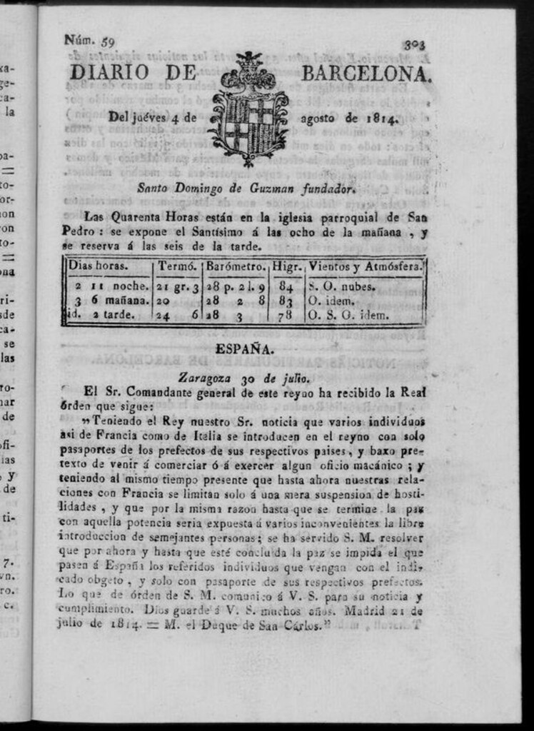 Miniatura de Diario de Barcelona del jueves 4 de agosto de 1814