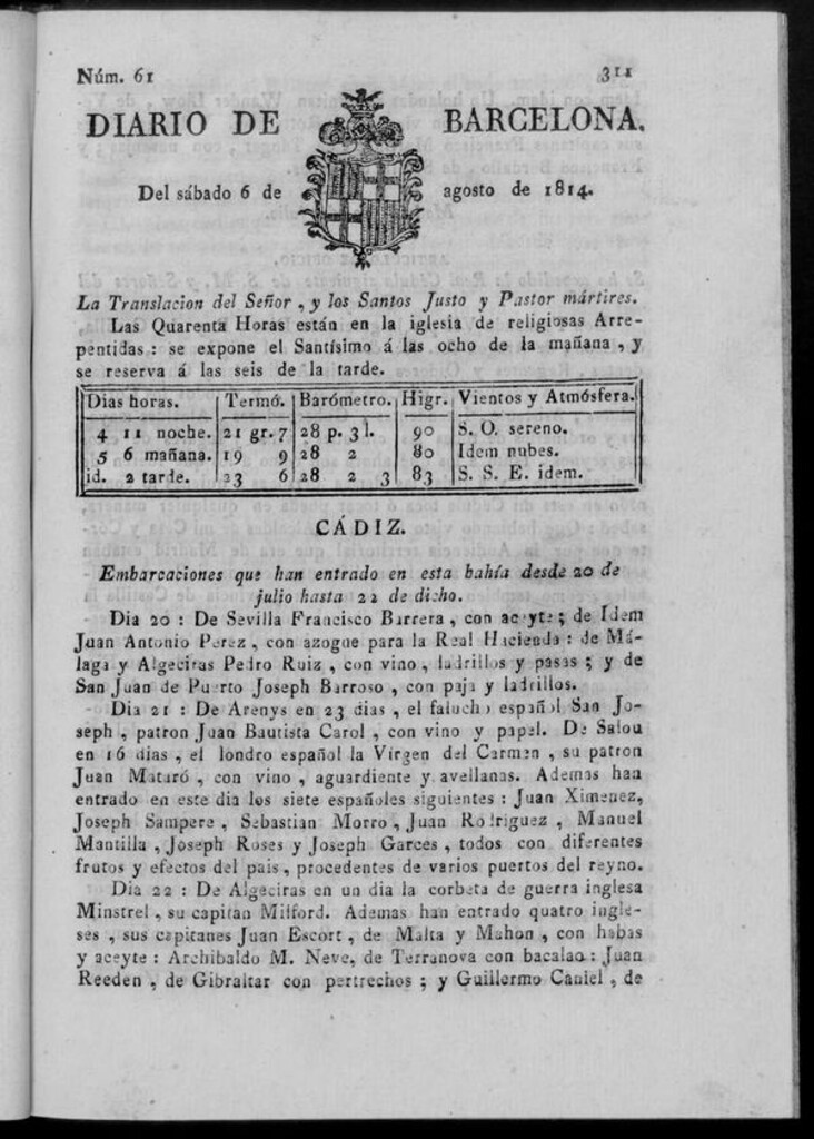 Miniatura de Diario de Barcelona del sábado 6 de agosto de 1814