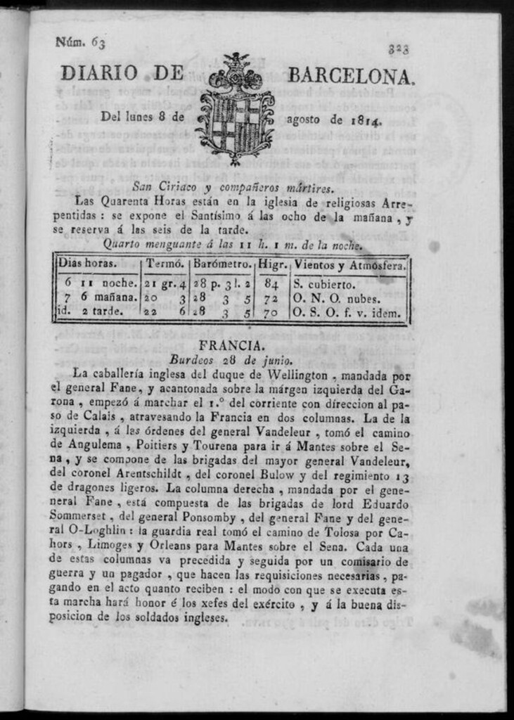 Miniatura de Diario de Barcelona del lunes 8 de agosto de 1814