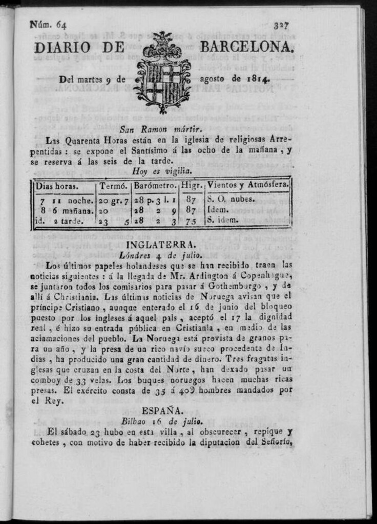 Miniatura de Diario de Barcelona del martes 9 de agosto de 1814