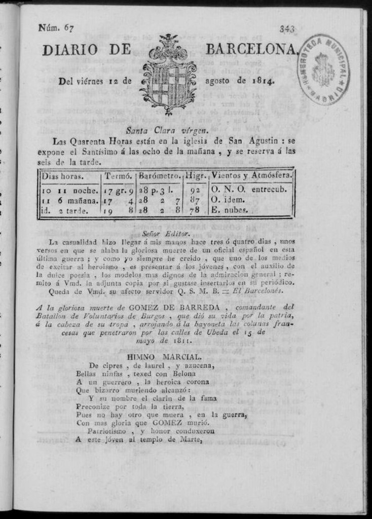 Miniatura de Diario de Barcelona del viernes 12 de agosto de 1814