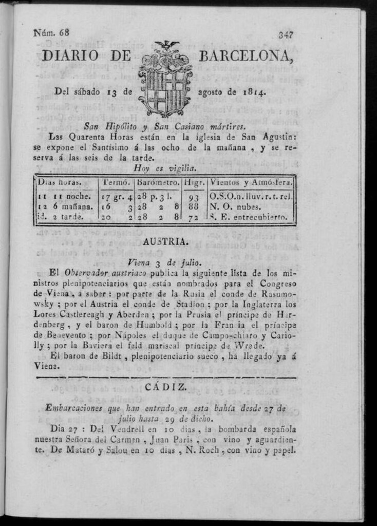 Miniatura de Diario de Barcelona del sábado 13 de agosto de 1814