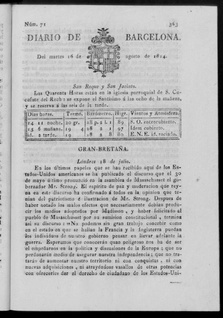 Miniatura de Diario de Barcelona del martes 16 de agosto de 1814