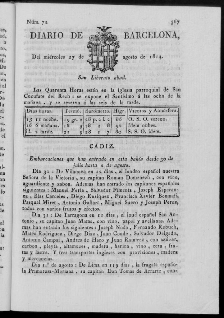 Miniatura de Diario de Barcelona del miércoles 17 de agosto de 1814