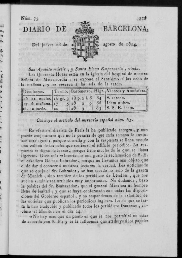 Miniatura de Diario de Barcelona del jueves 18 de agosto de 1814