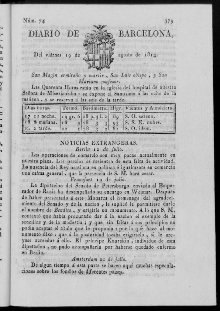 Miniatura de Diario de Barcelona del viernes 19 de agosto de 1814