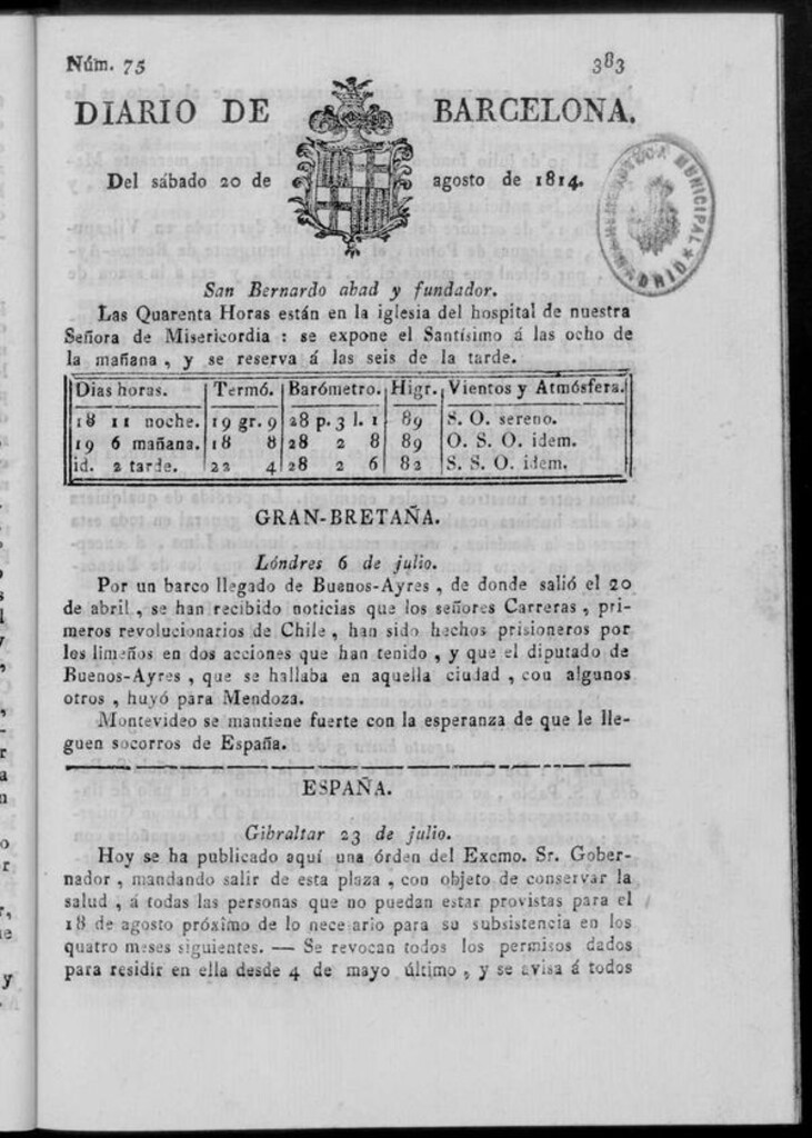 Miniatura de Diario de Barcelona del sábado 20 de agosto de 1814